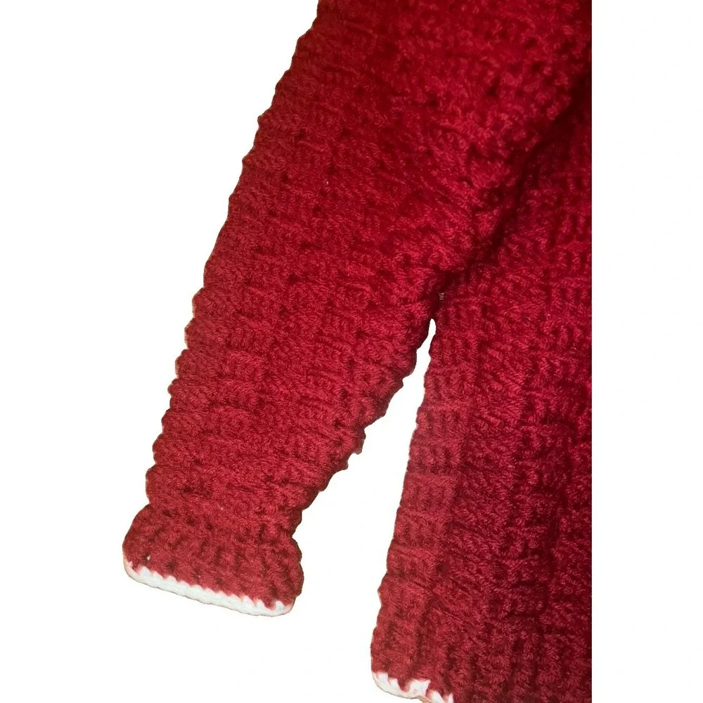 VTG Hand Knit Girls Red Sweater Cardigan Button Chunky Christmas Sz L T-9